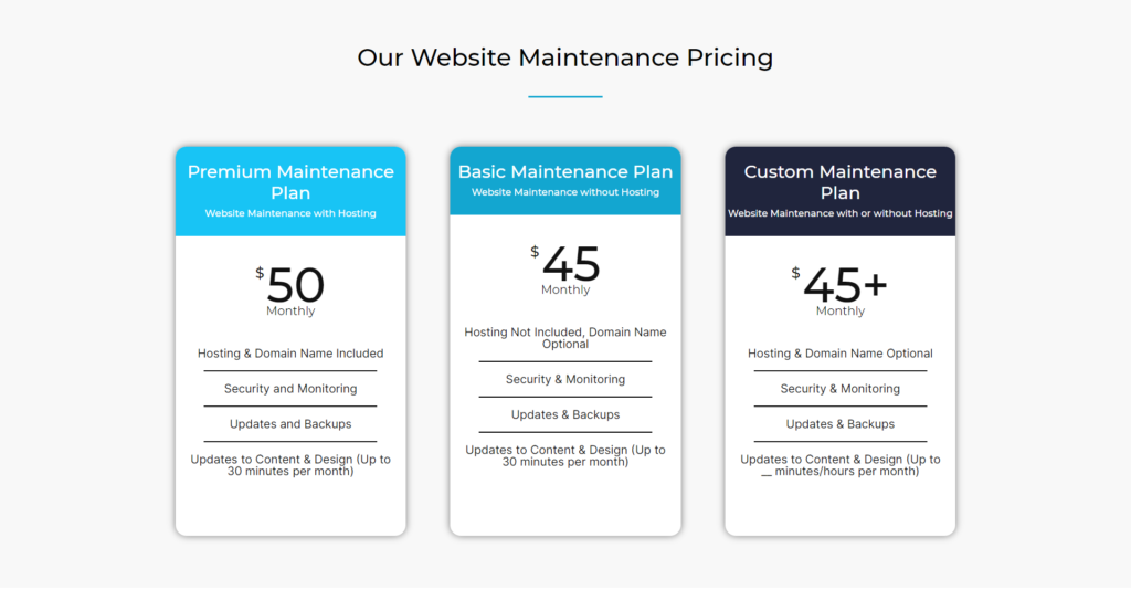 website maintenance plan pricing